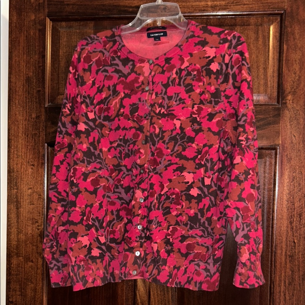 Lands' End Women's Red and Pink Patterned Cardigan